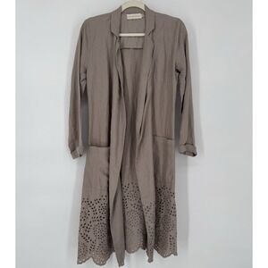 Linen Duster Jacket XS Indie Boho Cottage Costal Lagenlook Eyelet Taupe Romantic